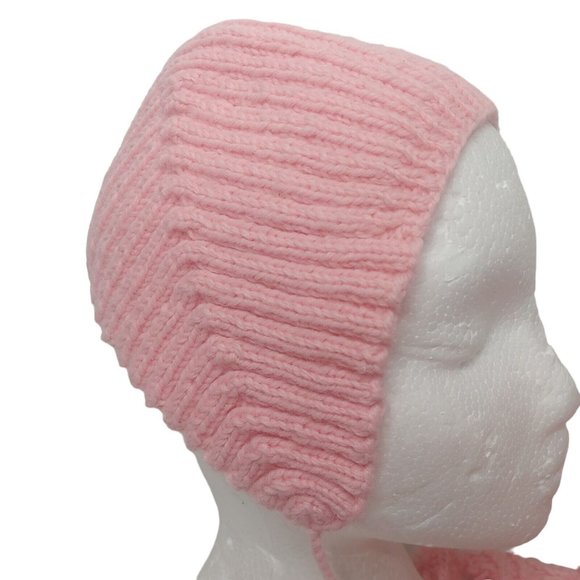 Vintage Handmade Crochet Little Girls Winter Hat And Scarf Set Pom Pom Pink - Picture 6 of 16